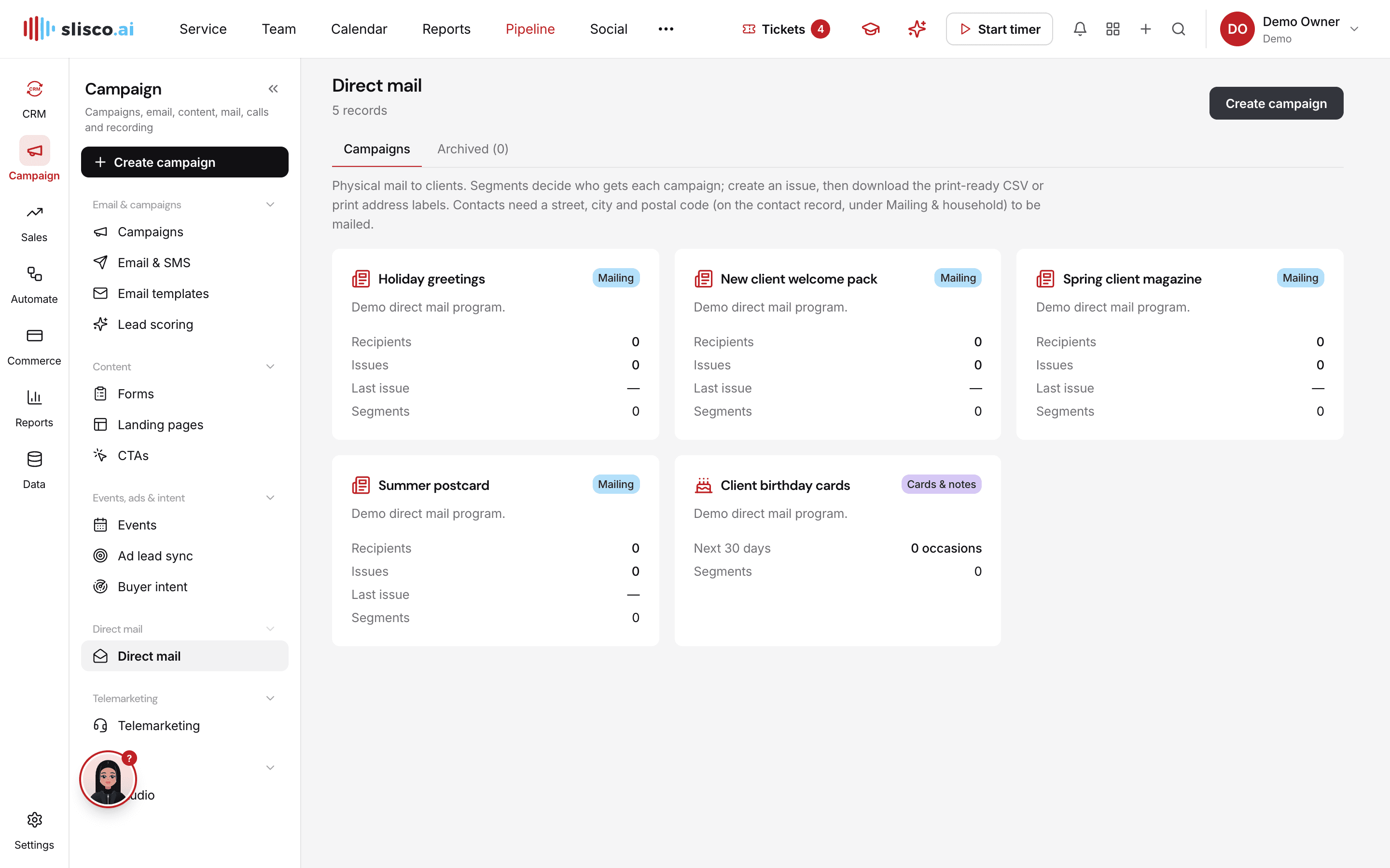 The Direct mail module in Slisco