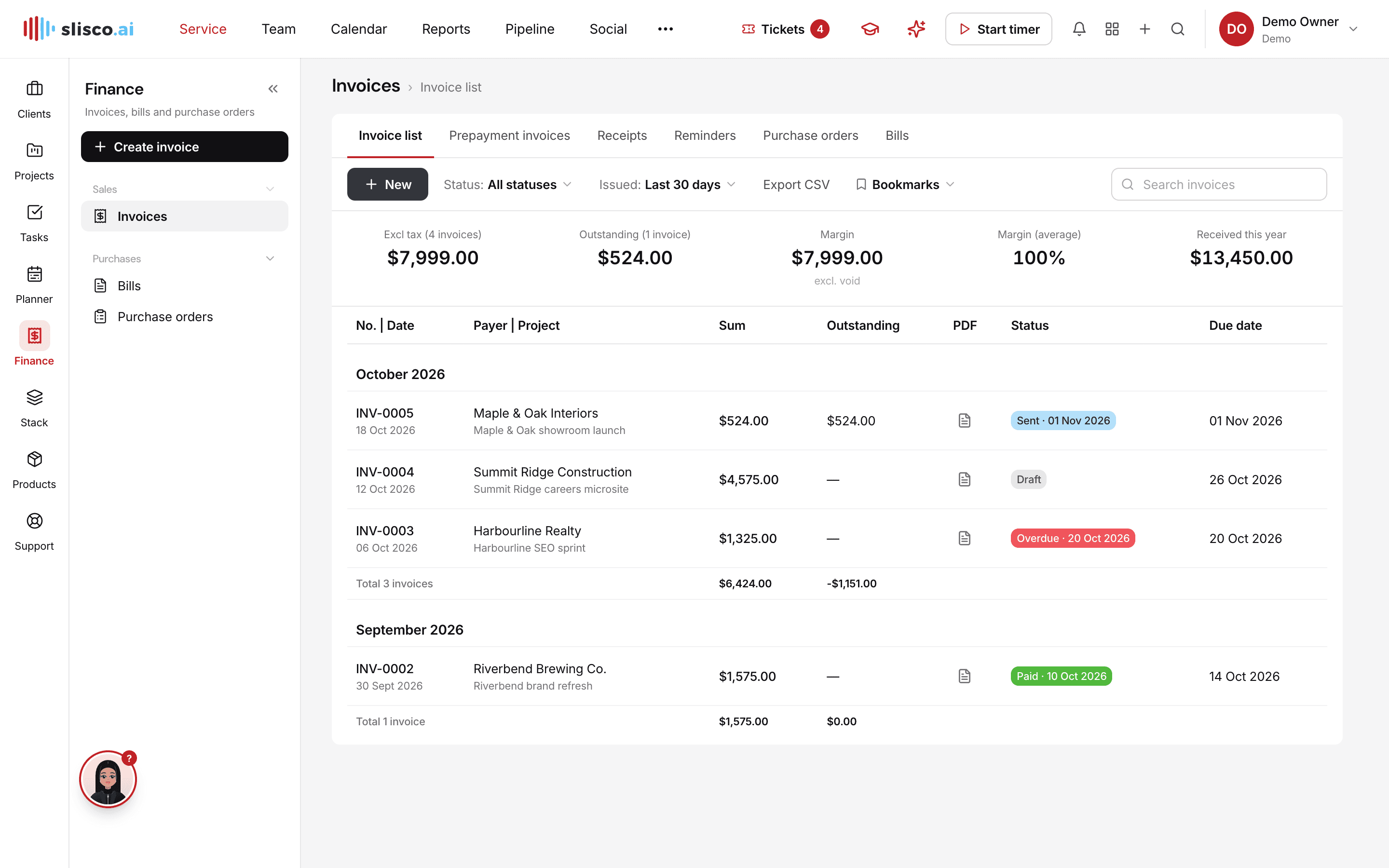 The Invoices module in Slisco