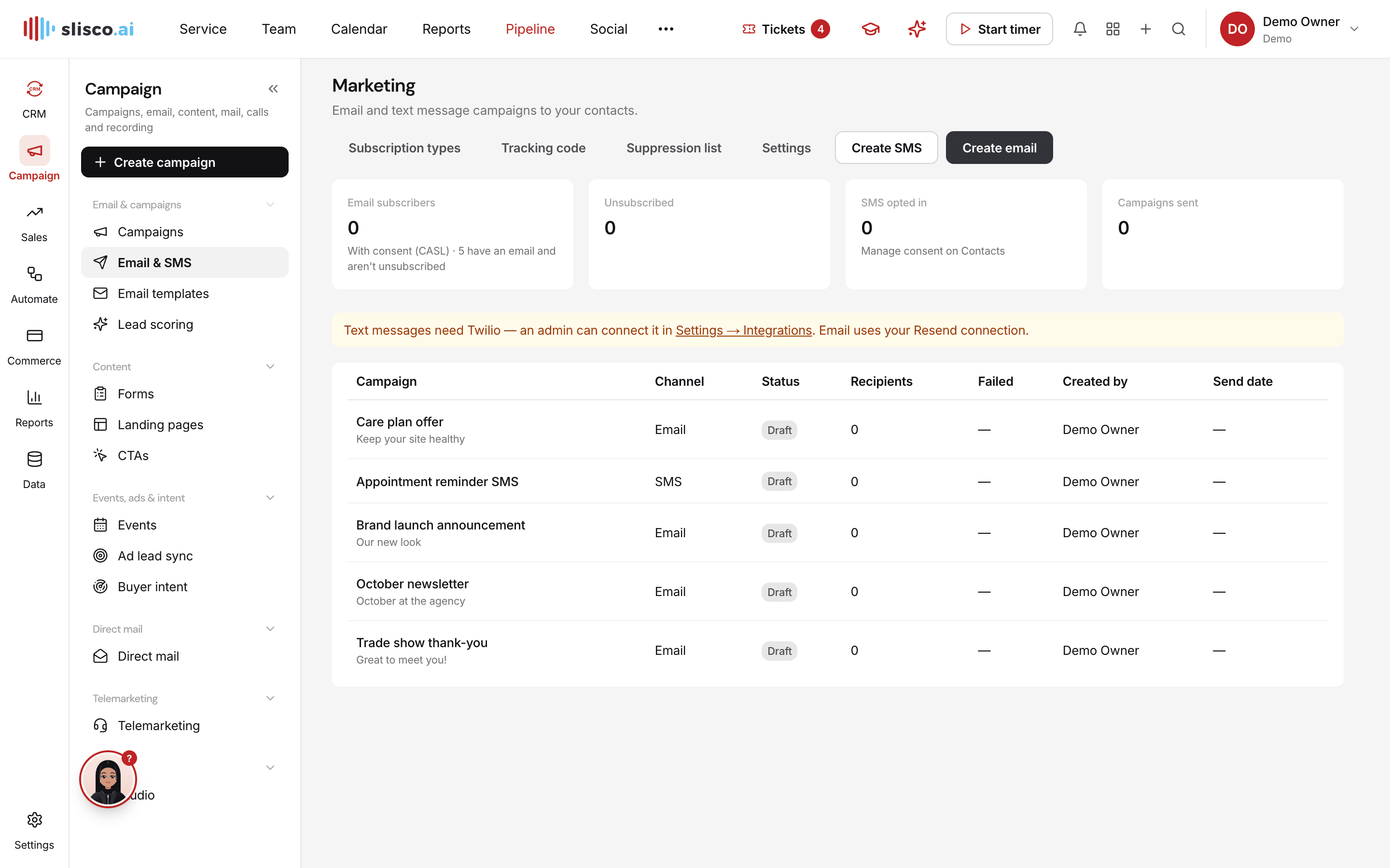 The Email & automation module in Slisco