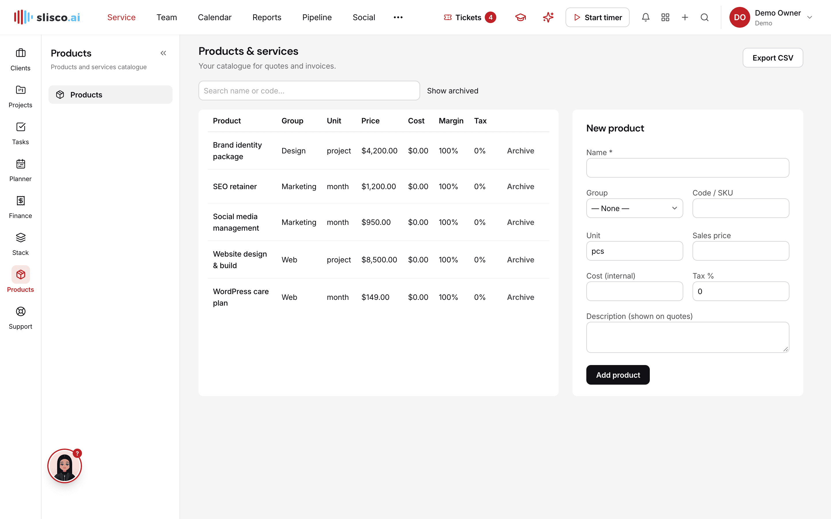The Products module in Slisco