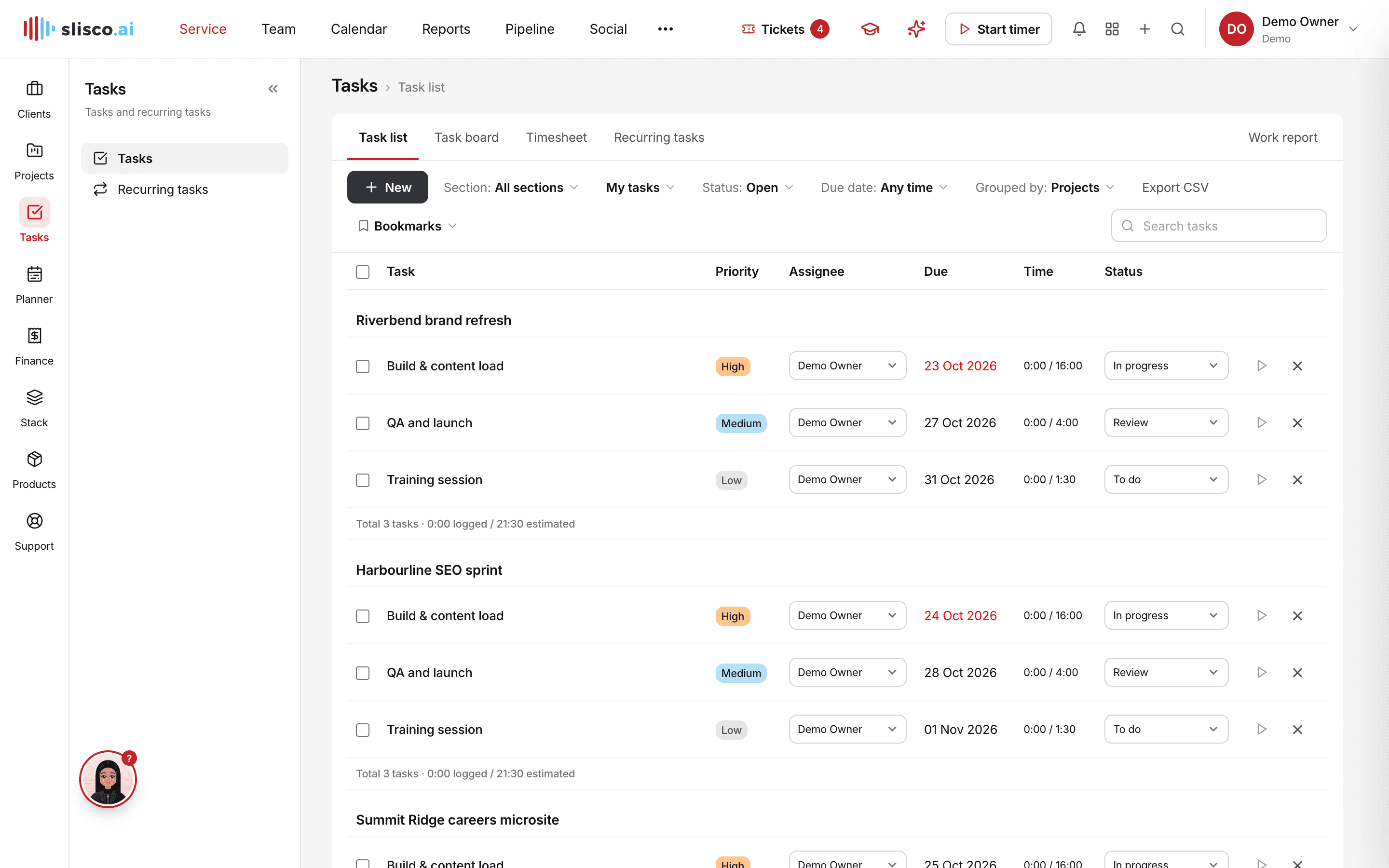 The Tasks module in Slisco
