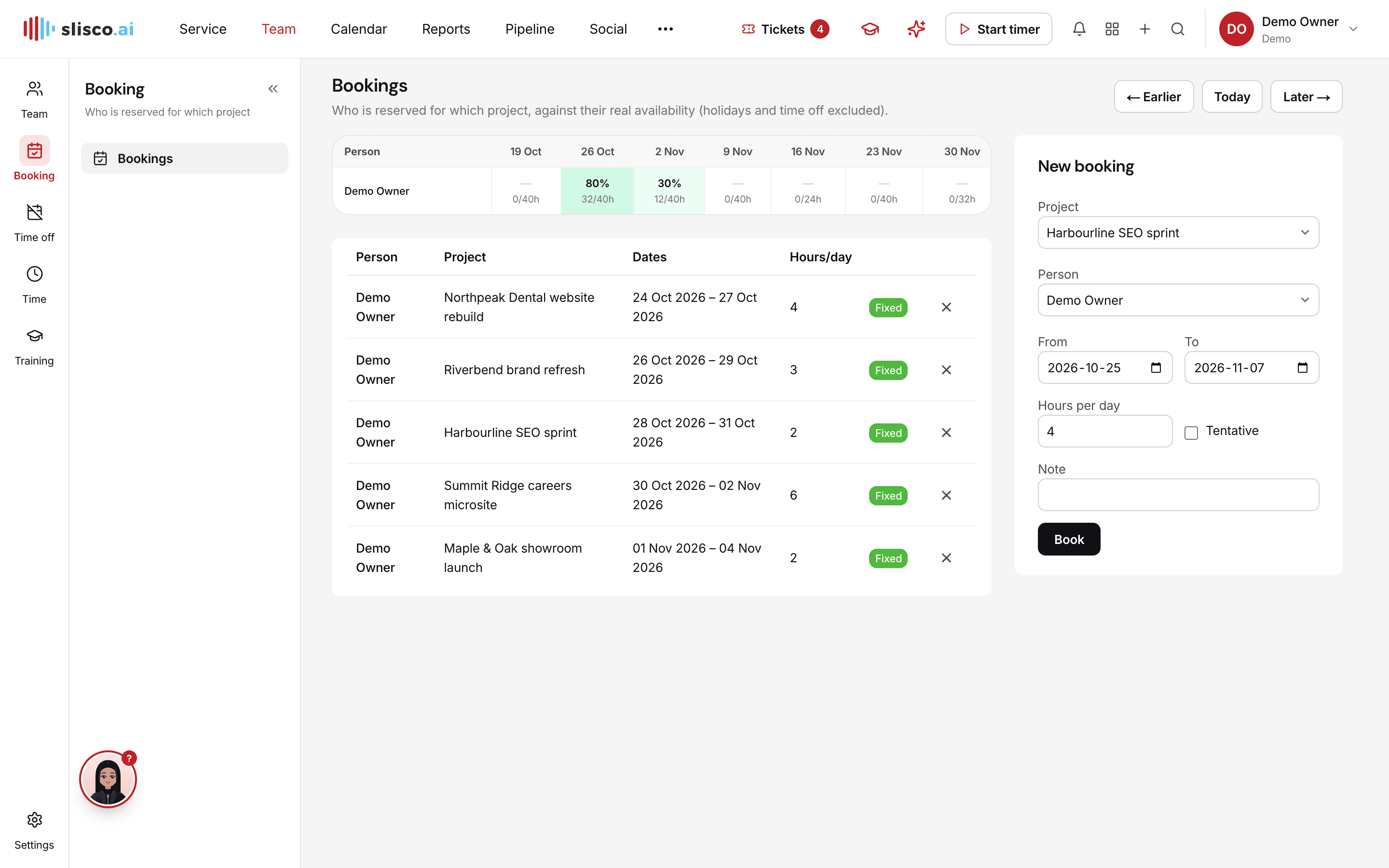 The Team & calendar module in Slisco