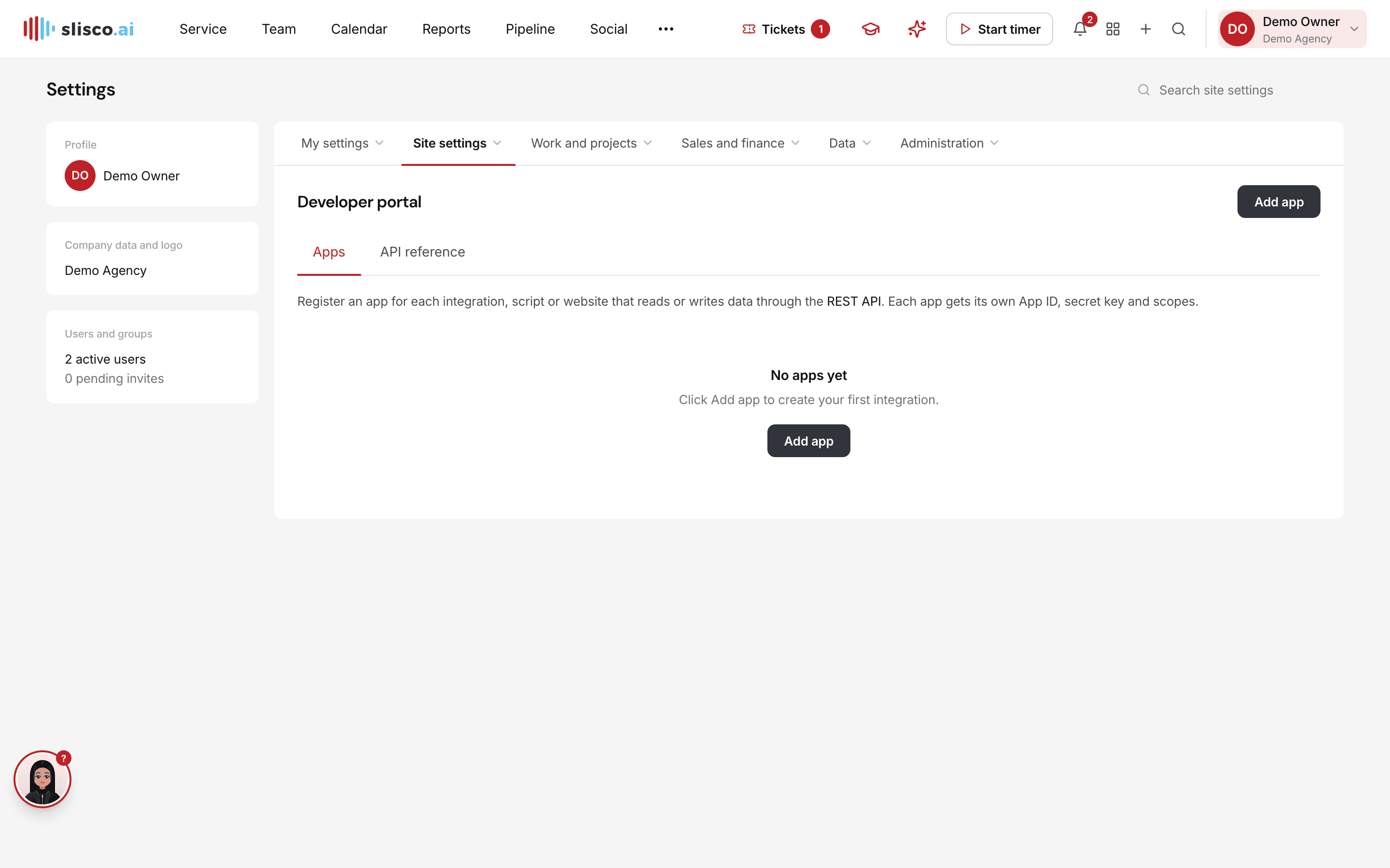 The Slisco developer portal with registered API apps and their scopes