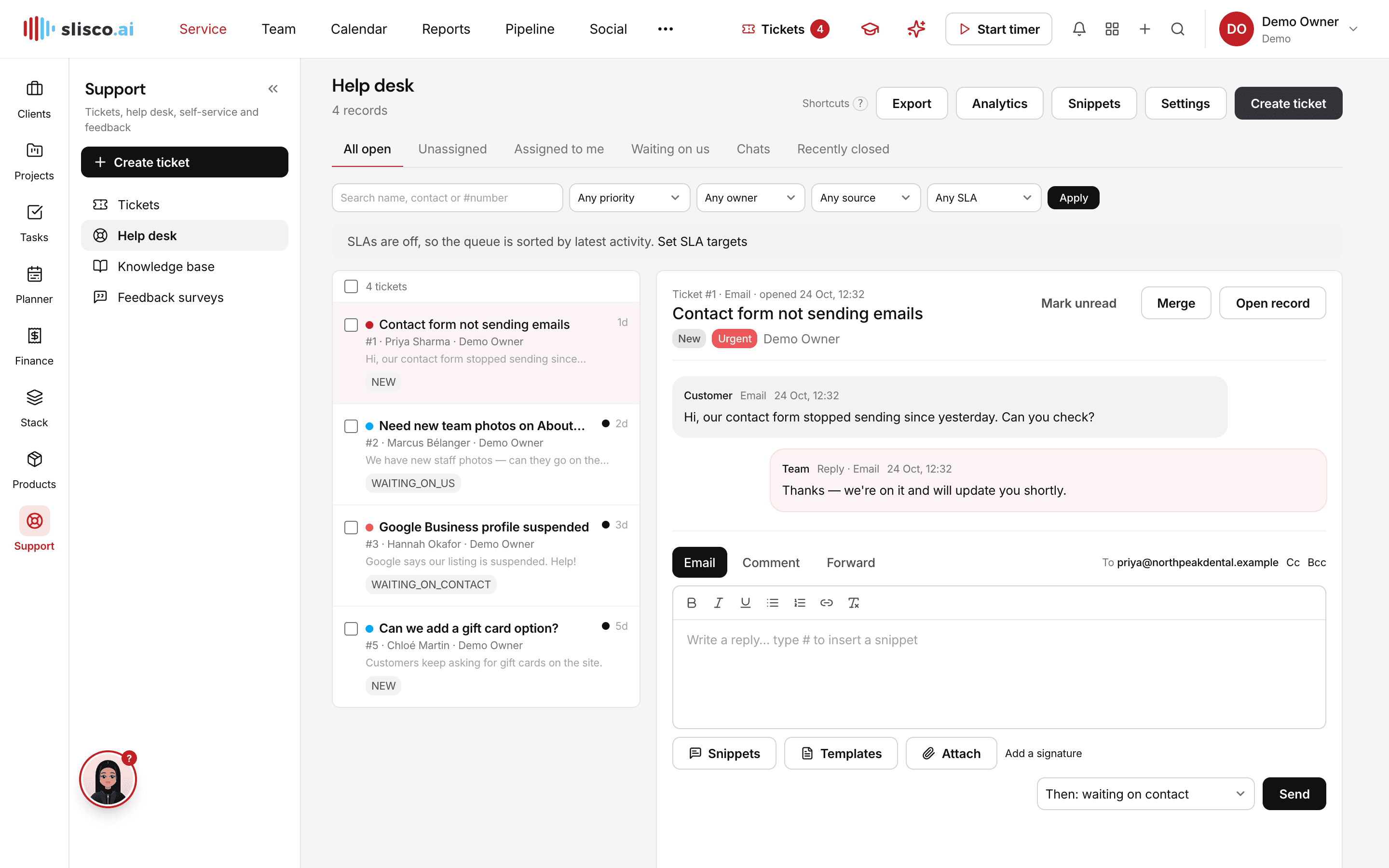 The Help desk module in Slisco