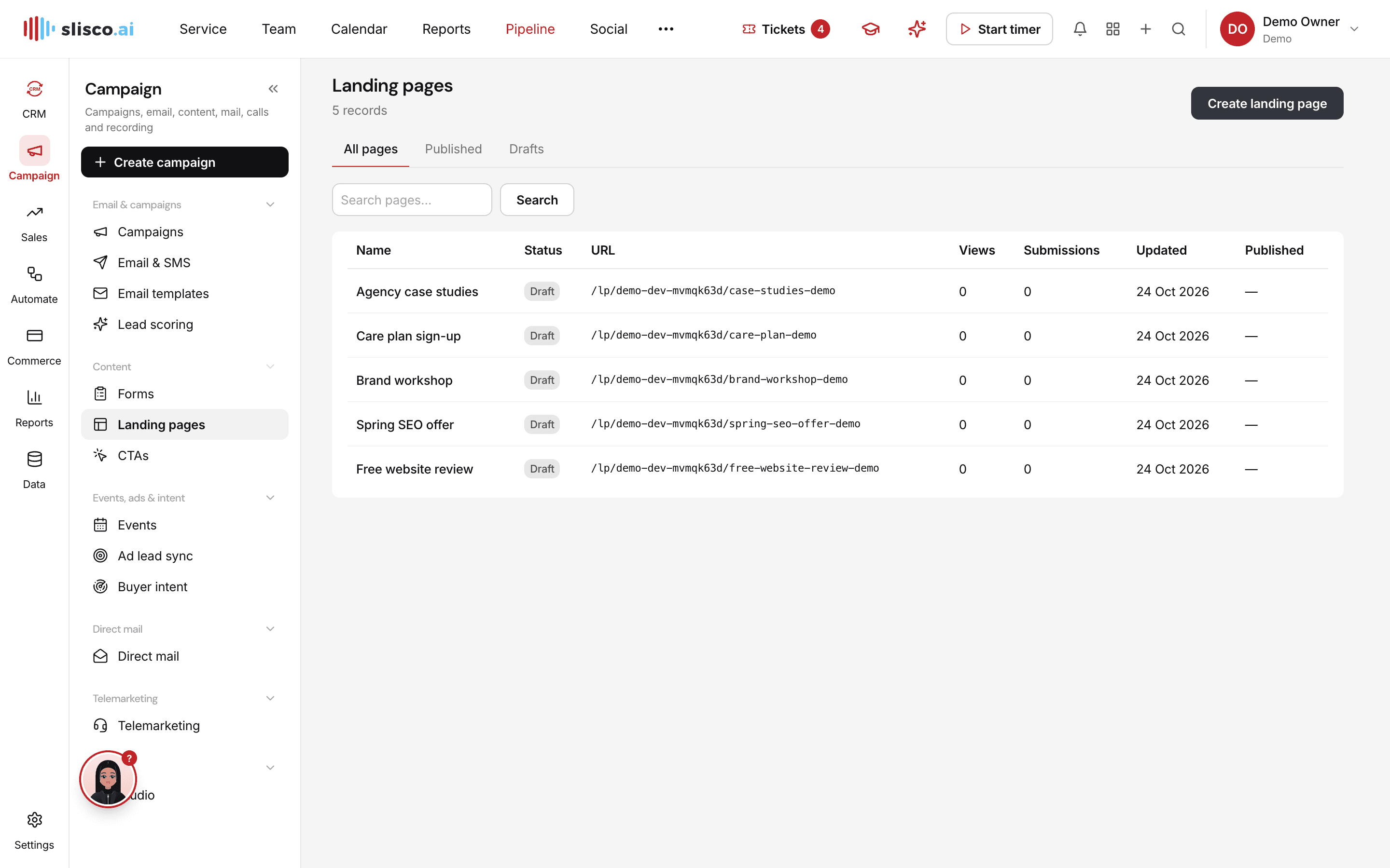 The Landing pages module in Slisco